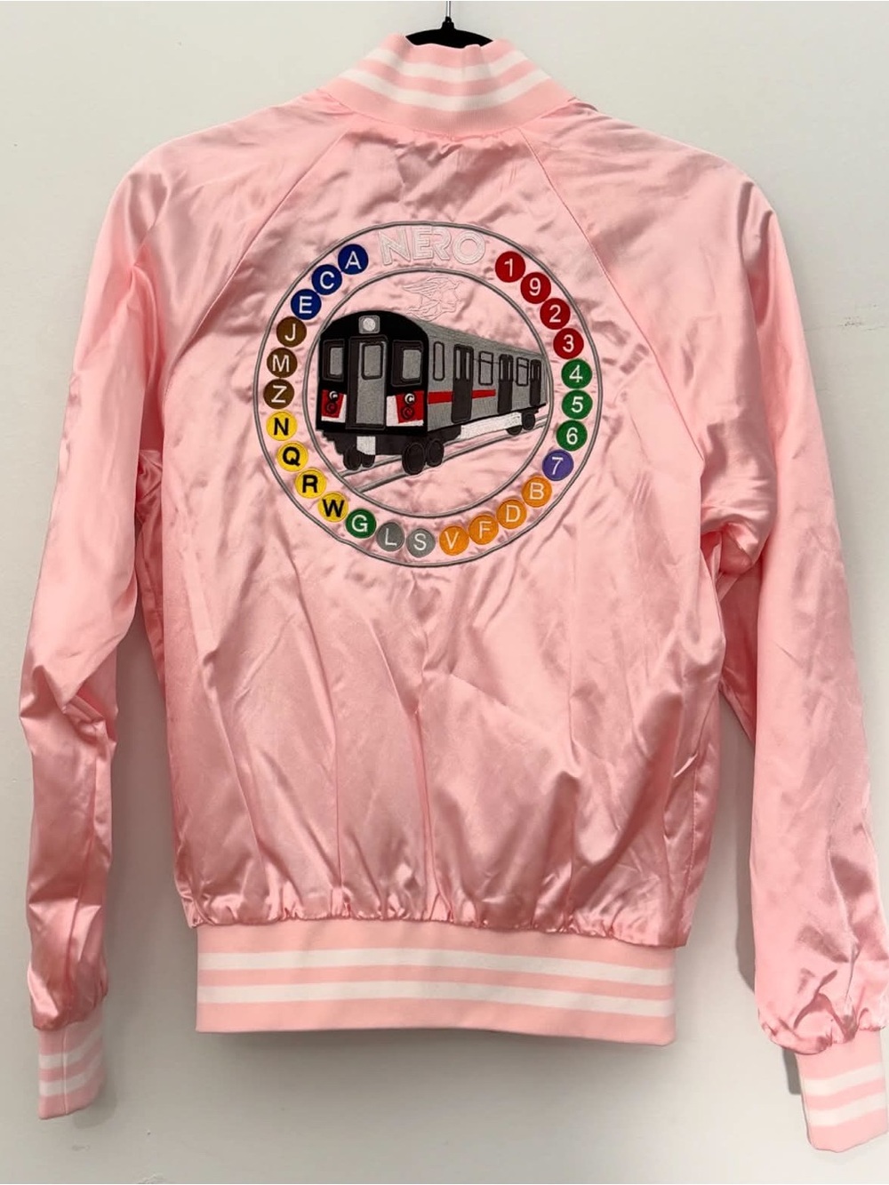 Pink Satin Bomber Jacket with Subway Train Embroidered Patch